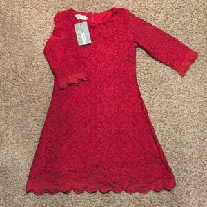 Girls Red Lace Fit-and-Flare Dress with Scalloped Hem
